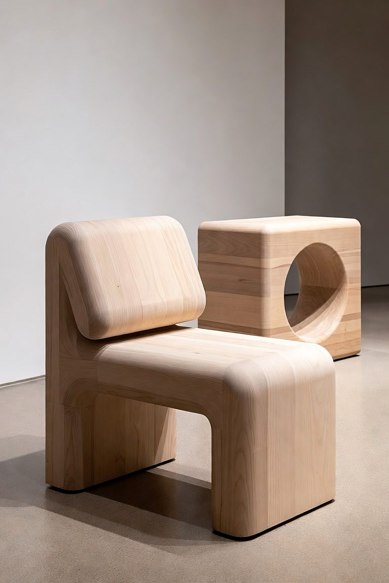 Design rendering of Lounge Chair & Pierced Table: solid pale timber, every edge eased