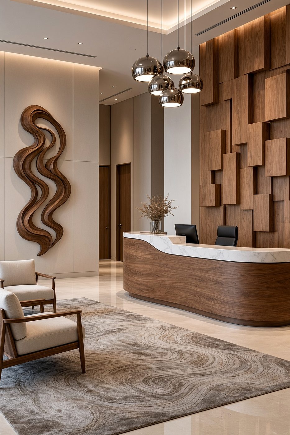 Design rendering of Reception Hall: curved walnut desk, stacked relief and carved sculpture