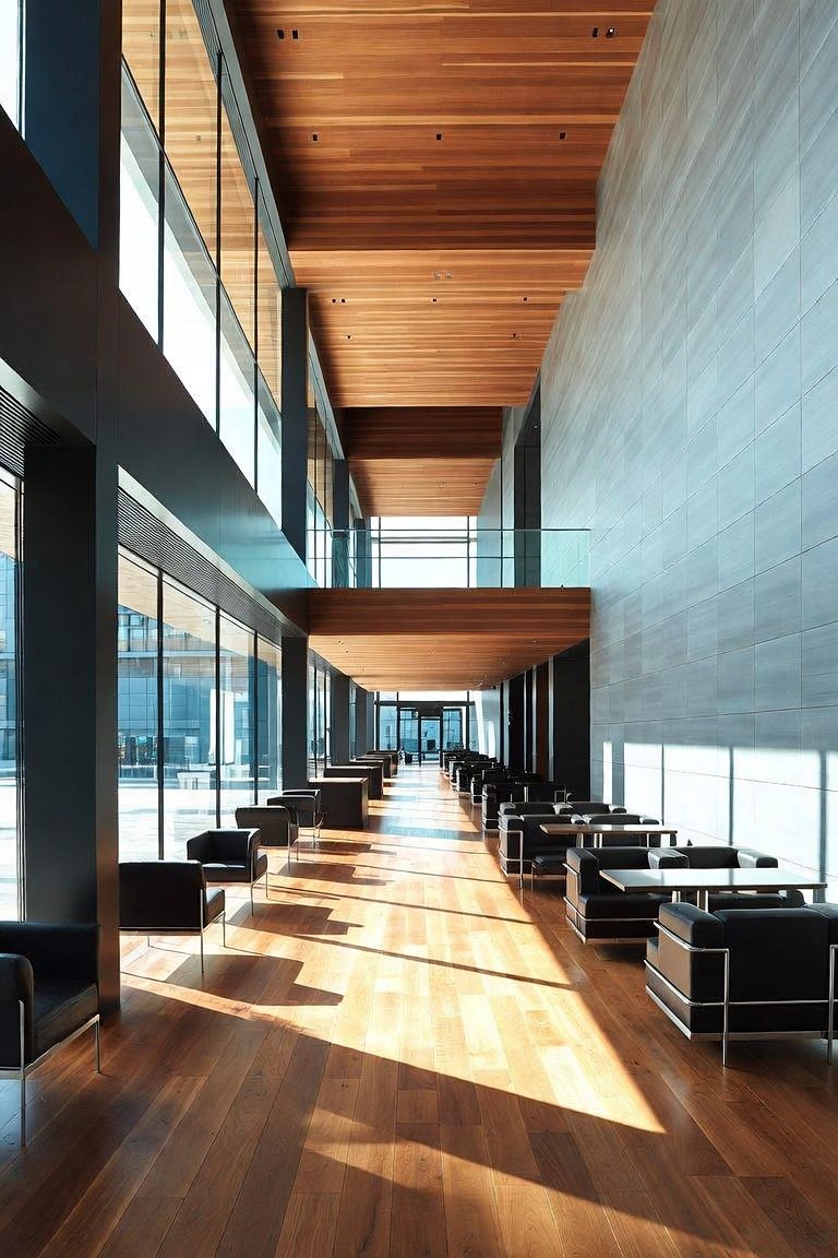 Design rendering of Timber Ceiling: a continuous wood ceiling carried the length of a hall
