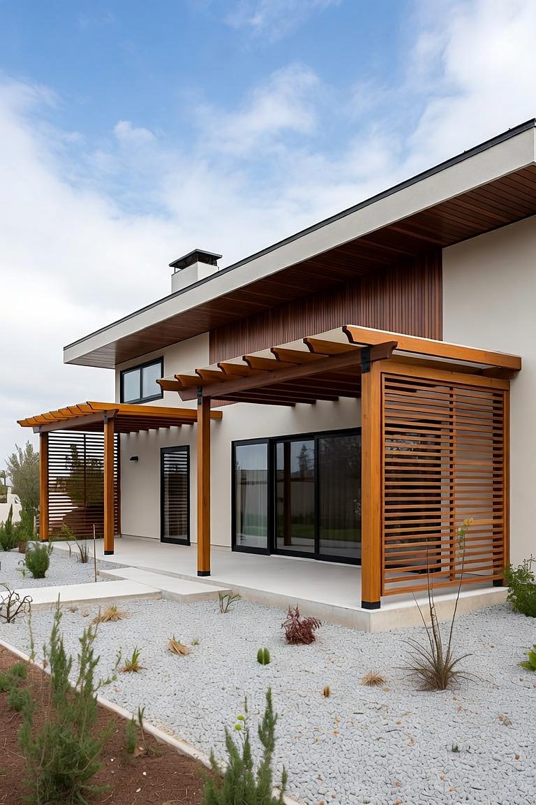 Design rendering of Pergola & Louvered Screen: slatted shade for a garden terrace