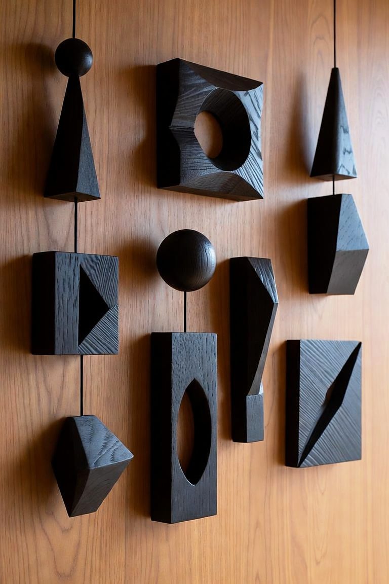 Design rendering of Ebonized Suite: charred geometric objects suspended on cord