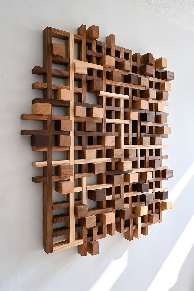 Design rendering of Lattice: a layered joinery grid in walnut and oak