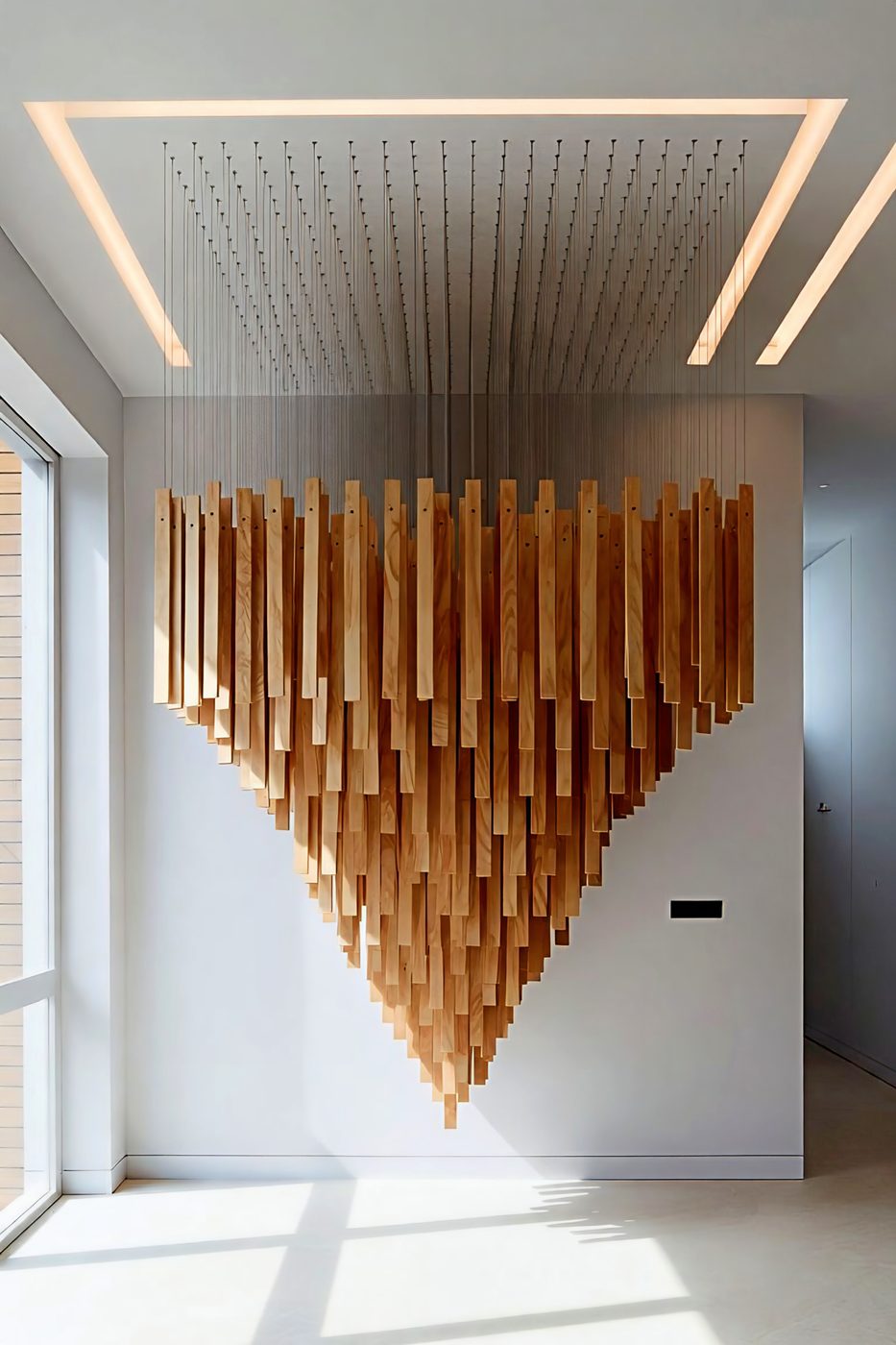 Design rendering of Suspended Cascade: hung timber batons resolving to a single point